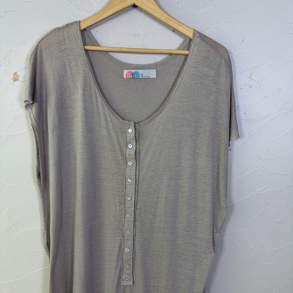 FP Beach Free People Henley Maxi Dress XS Taupe Linen Boho Lounge Oversized